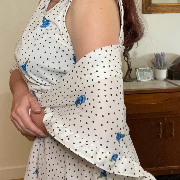 Vintage 70s 2 Piece set white Polka Dot Dress w/ Flowers matching shawl M Medium - Picture 3 of 6